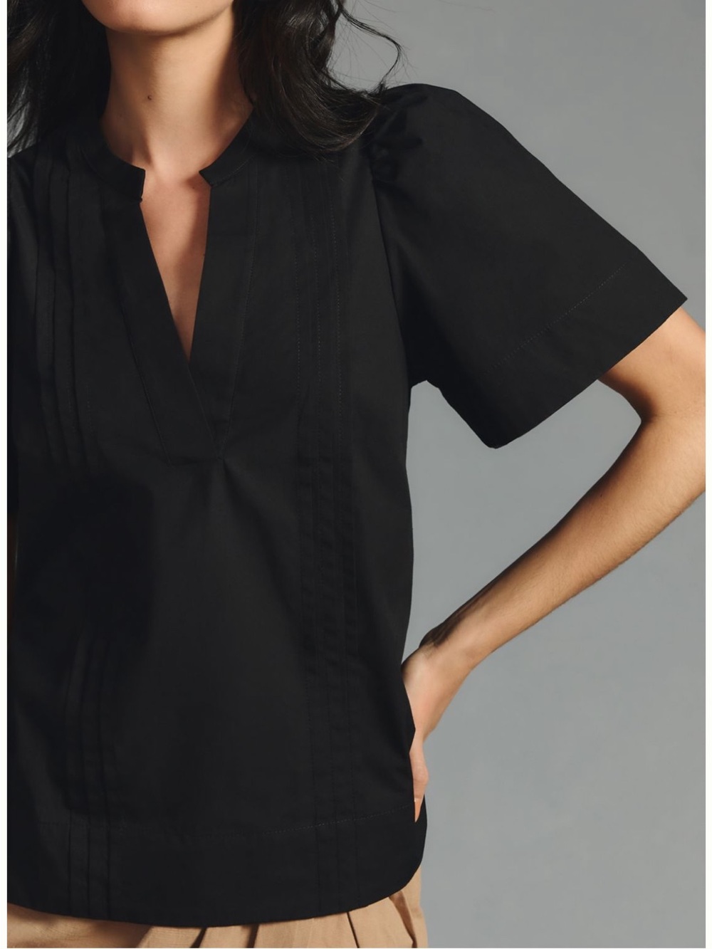 Maeve Black Split-Neck Pintuck Tunic